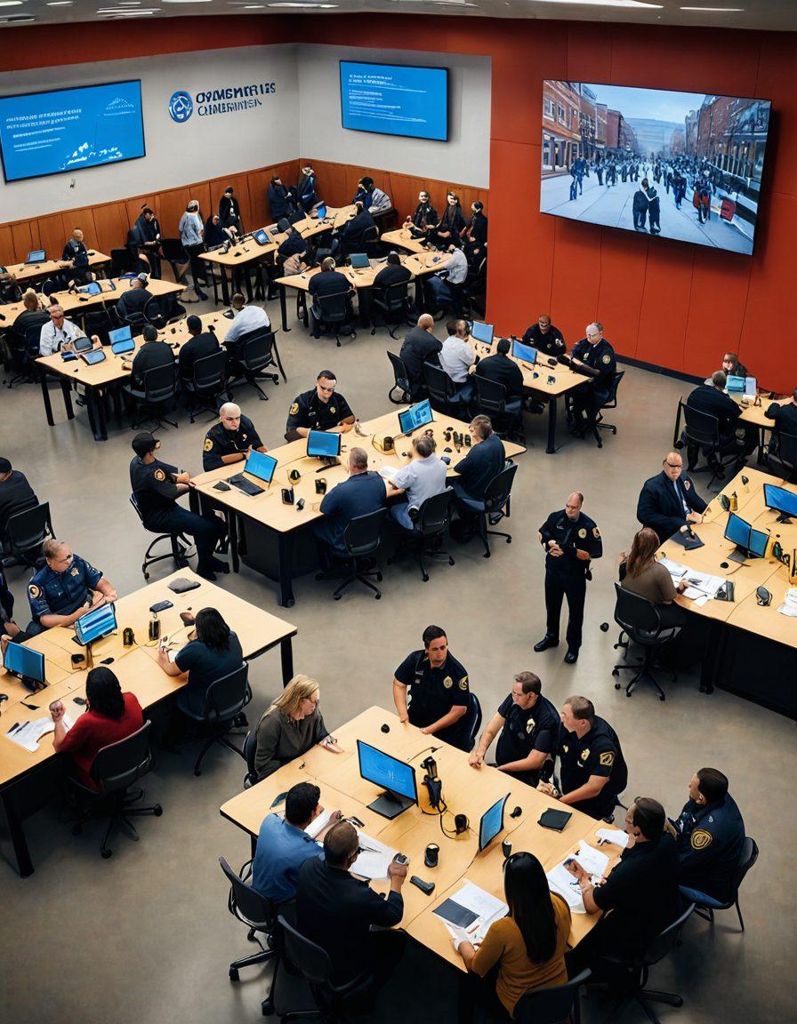 A diverse group of community members collaborating in a lively town hall meeting, with a backdrop of law enforcement officers engaging positively with citizens. Include elements of innovative technology like drones and surveillance cameras for public safety. Emphasize a warm, inviting atmosphere with vibrant colors and interactive displays showcasing safety strategies. super-realistic. vibrant colors. community spirit.
