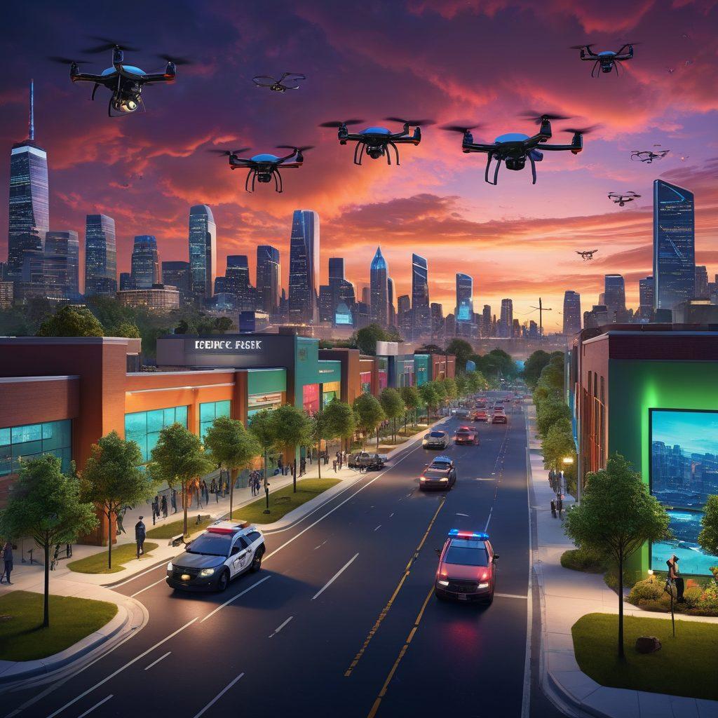 An urban landscape at dusk, showing diverse police officers interacting positively with community members in a vibrant, well-lit park. Incorporate elements of technology, such as drones and surveillance cameras, blending seamlessly with community engagement activities. Visually represent crime reduction with subtle, uplifting graphics, like green arrows symbolizing safety and security. Highlight the theme of collaboration and innovation in policing methods. super-realistic. vibrant colors. dusk setting.